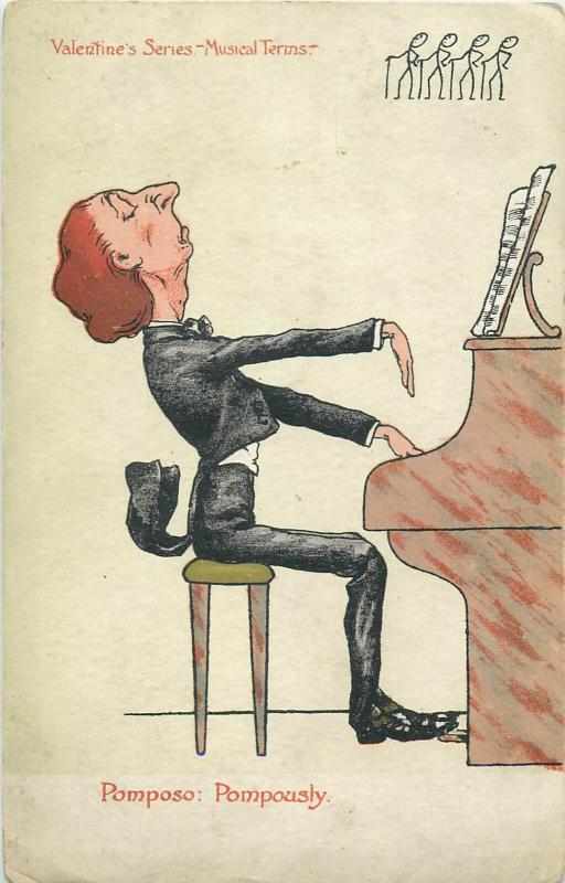 Comic caricature piano musical terms Pomposo : Pompously Valentine postcard