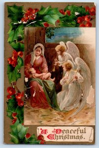 Christmas Angels Playing Lyre And Horn Baby Jesus Religious Berries Postcard