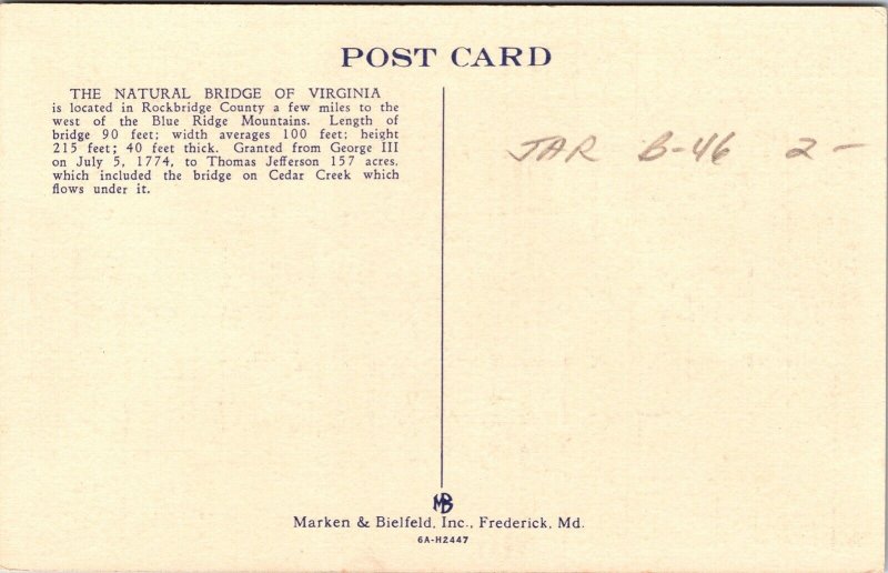 Natural Bridge Hotel VA Virginia Linen Postcard VTG UNP Vintage Unused 