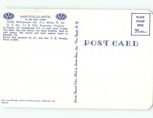 Unused 1950's MONTICELLO MOTEL Roanoke Virginia VA u4076