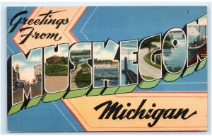 Large Letter Linen MUSKEGON, MI Michigan 1944 Tichnor Co. Postcard