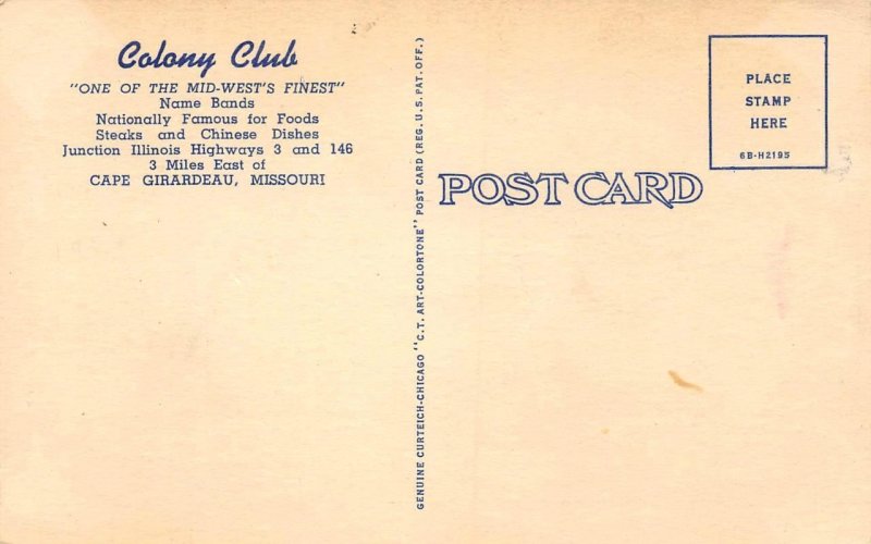 COLONY CLUB Cape Girardeau, Missouri Roadside c1940s Linen Vintage Postcard