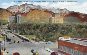 City Park Bus Depot Ogden Utah 1950s linen postcard