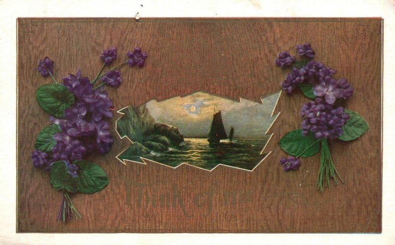 Vintage Postcard Think Of Me Ocean Boat Flower Bouquet Remembrance Card 