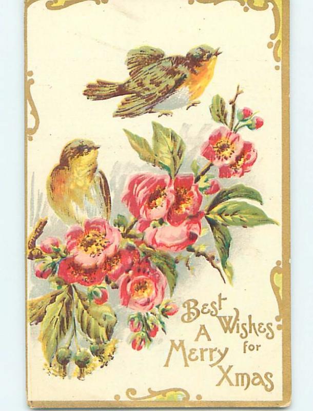 Pre-1907 christmas BROWN AND YELLOW BIRDS WITH POPPY FLOWERS hk9500