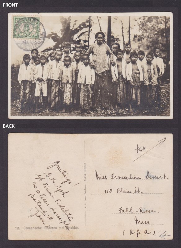 Postcard, DUTCH INDIES, Javanese children with guide