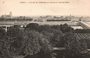 Vintage Postcard Vue Sur La Cathedrale Loire Et Le Pont De Pierre Tours France