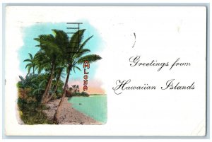 1936 Greetings From Hawaiian Islands Beach Shore Trees Honolulu Hawaii Postcard