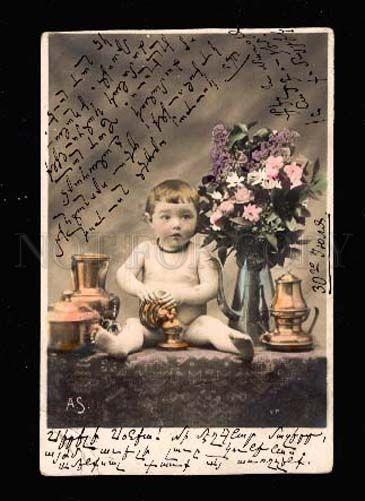 009834 Boy on Table w/ Flowers VASE Vintage PHOTO tinted