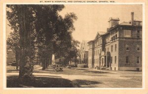 SPARTA, Wisconsin WI ~ ST MARY'S HOSPITAL & CATHOLIC CHURCH  ca1930's Postcard