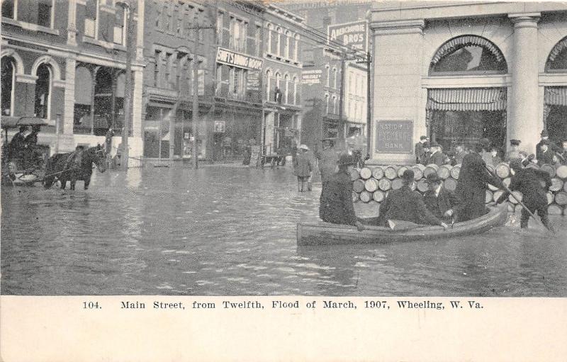 E66/ Wheeling W Va Postcard Flood Disaster 1907 Main Street 12th Boats Horse 13