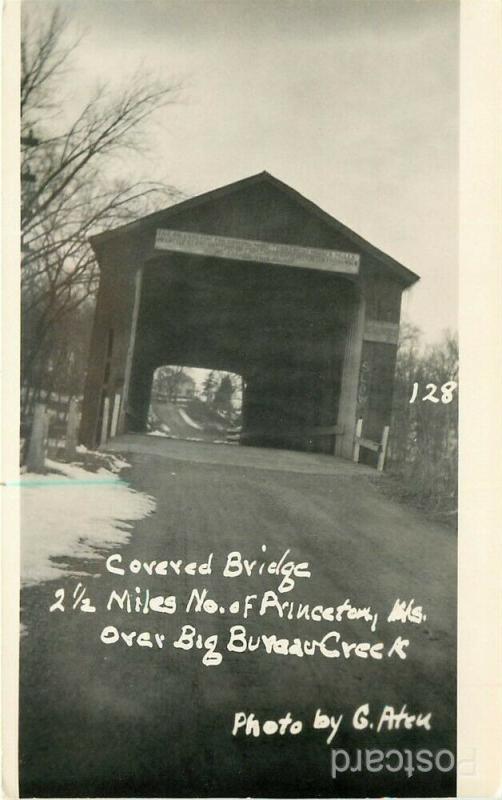 IL, Princeton,  Illinois, Big Bureau Creek, Covered Bridge, G. Ateu, RPPC