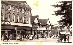 RPPC Postcard Harrow Station Road England  Street Scene Shops Sopers 1954
