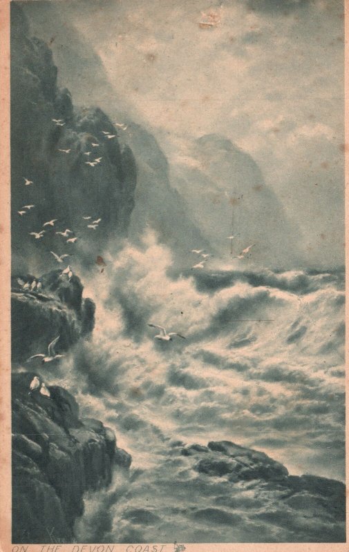 Vintage Postcard 1900s On The Devon Coast Angry Waves Crashed Into Shore England