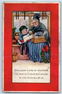 1918 Christmas Grandma And Child Opening Gift Holly Berries Wreath Postcard