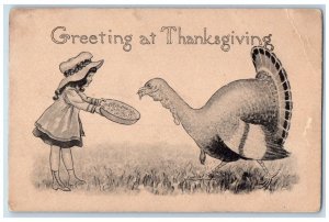 c1910's Thanksgiving Greetings Little Girl Feed Turkey Posted Antique Postcard 