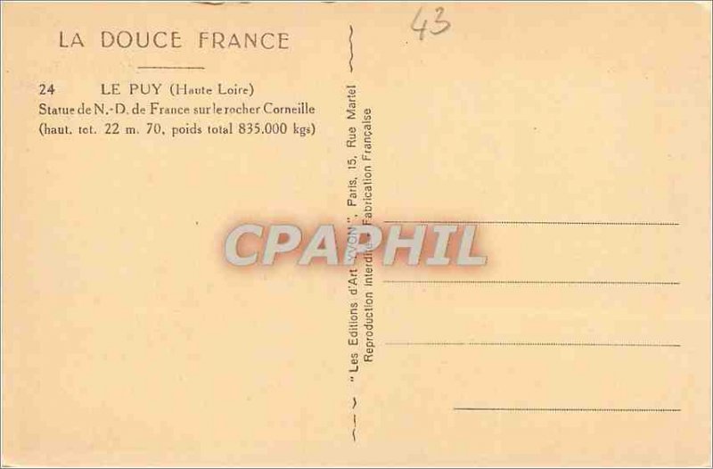 Old Post Card Le Puy (Haute Loire) La Douce France Statue of N of France on t...