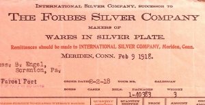 1918 MERIDEN CONNECTICUT THE FORBES SILVER COMPANY BILLHEAD INVOICE Z189