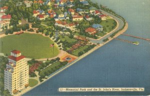 Jacksonville FL Memorial Park & St John's River Aerial View 1946 Linen Postcard