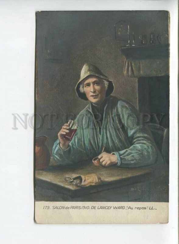 438385 DE LANCEY-WARD Au repos FISHERMAN Old postcard WATERCOLOR tinted SALON