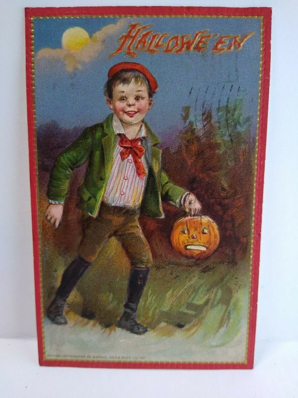 Halloween Postcard Tucks Frances Brundage Artist Boy With JOL Danville ILL 1910 