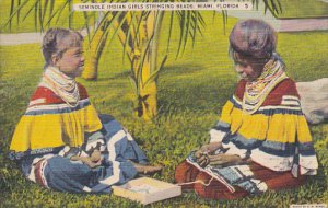 Seminole Indian Girls Stringing Beads Miami Florida 1949