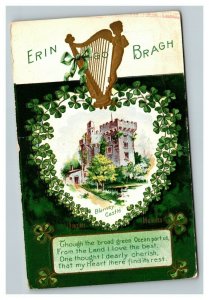 Vintage 1908 St. Patrick's Postcard Gold Harp 4 Leaf Clovers Blarney Castle