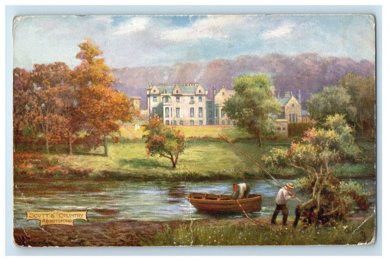 c1910 Boat Scene Fishing Rod Scotts Country Abbotsford Oilette Tuck Art Postcard