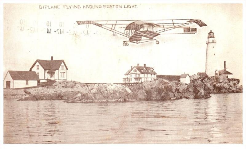 19210 Biplane Flying around Boston Light  1910