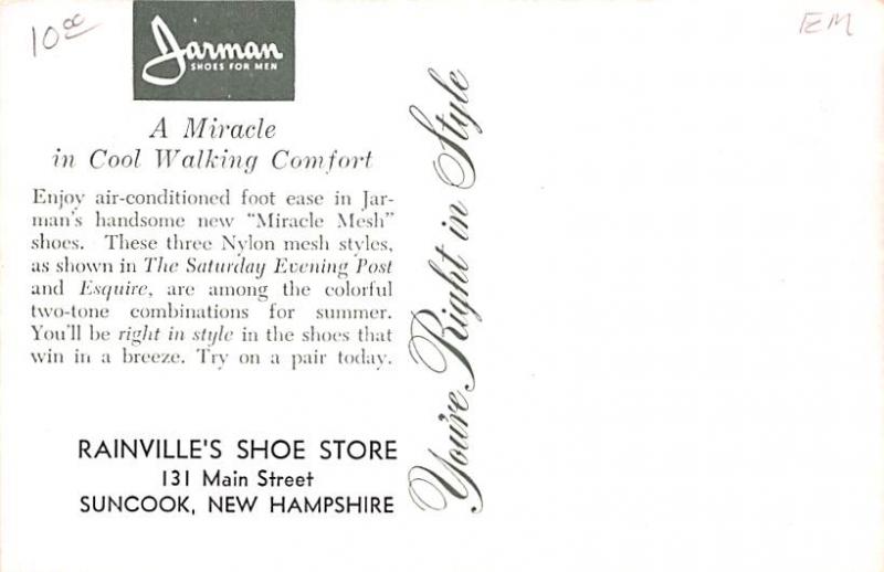 Advertising Post Card Jarman, Rainville's Shoe Store Suncook, New Hampsh...