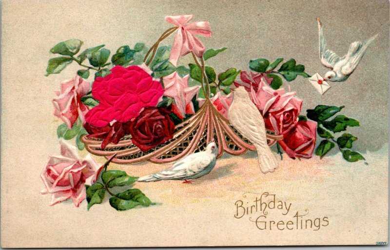 BIRDS FLOWERS - HAPPY BIRTHDAY - EMBOSSED - VINTAGE POSTCARD