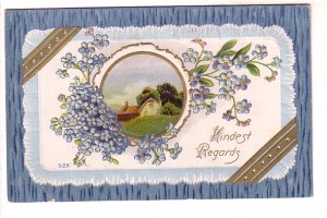 Kindest Regards, Blue Flowers, Embossed, Vintage Greeting Postcard