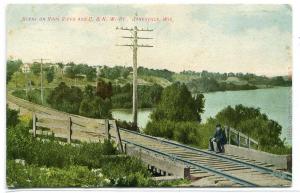 CNW Railroad Track Along Rock River Janesville Wisconsin 1909 postcard