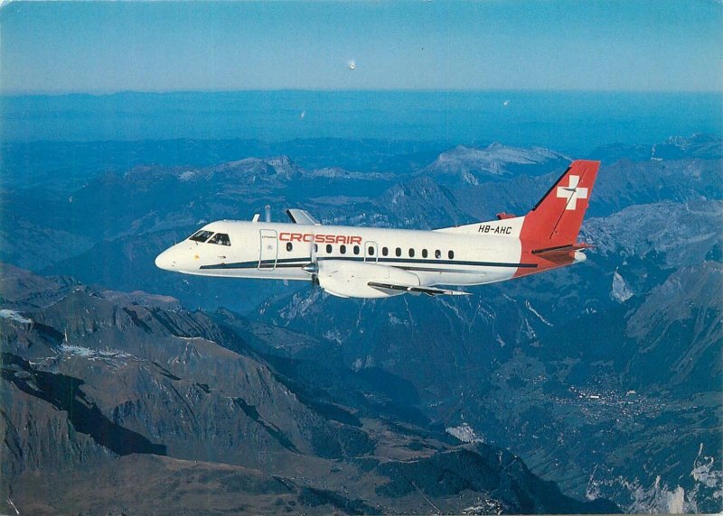 Postcard Europe Switzerland transportation airplane Crossair cityliner over Alps 