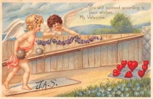 Valentine Cupid Cherub Bowling Antique Postcard K78922