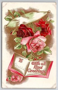 Pink Red Roses Greetings 1909 Davidson Family Long Pine NE Postcard A36