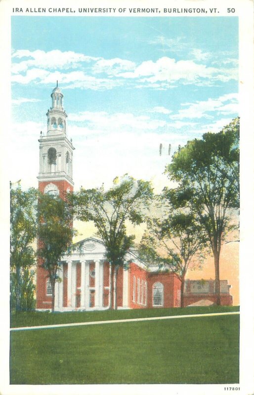 Burlington VT University of Vermont Allen Chapel 1934 White Border Postcard Used