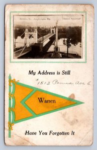 J97/ Warren Pennsylvania Pennant RPPC Postcard c1910 Suspension Bridge 420