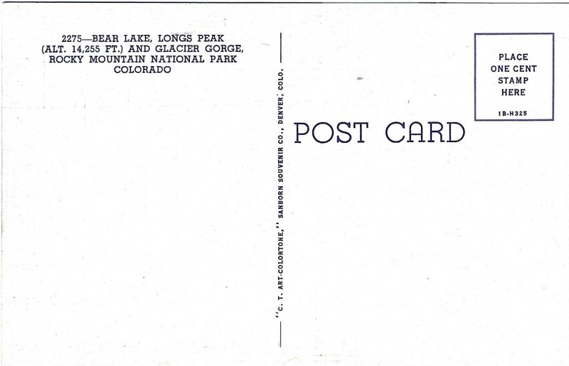 1940's Bear Lake, Rocky Mountain National Park, Colorado Linen Postcard