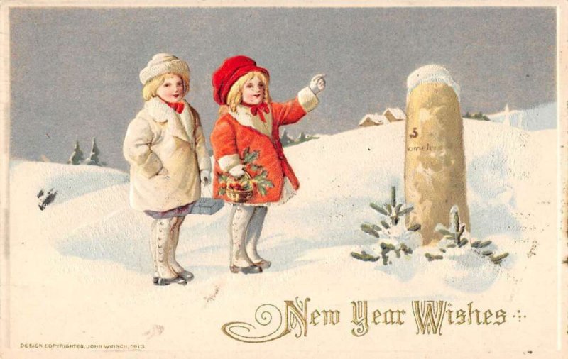 New Years Greetings Children in Snow Winsch Vintage Postcard AA25374