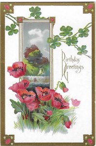 Red Poppies and Shamrocks Birthday Greetings Card Embossed