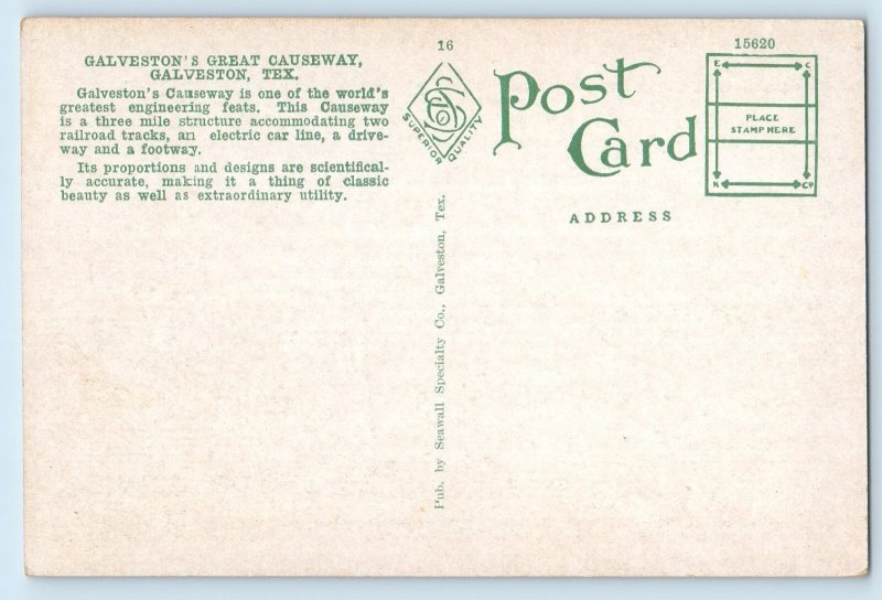 1920 Galveston Texas Postcard Great Causeway 3 Miles Long Locomotive Streetcar