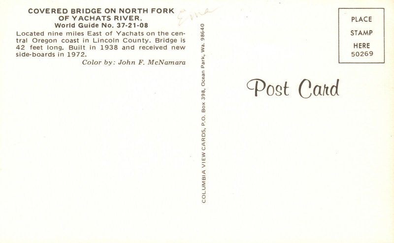 Yachats River OR-Oregon, View of Red Covered Bridge on North Fork Postcard