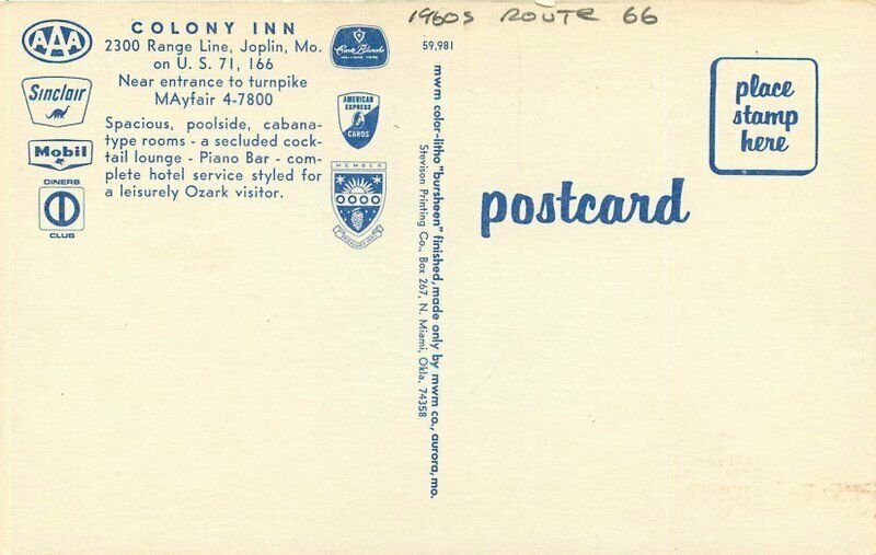 Autos Pool Colony Inn 1960s Postcard roadside Joplin Missouri MWM 6040