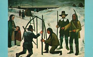 Postcard First Winter Cape Cod Indians Helping Pilgrims Build Homes Plymouth MA