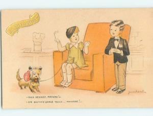 Pre-Linen foreign signed FRENCH GIRL PUTS BOW ON HER LITTLE DOG J4878