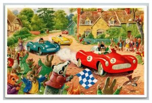 Vintage 1970's Easter Postcard The Motor Race Cute Bunnies in Race Cars