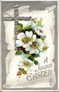 A Joyous Easter 1911 Postcard Embossed Cross Floral Silver Gilt