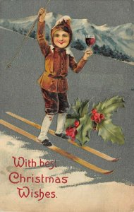 LP40  Christmas Postcard Boy Skiing Glass Wine 