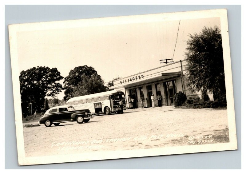 Vintage 1949 RPPC Postcard Greyhound Bus Station Antique Auto & Bus Selmer TN